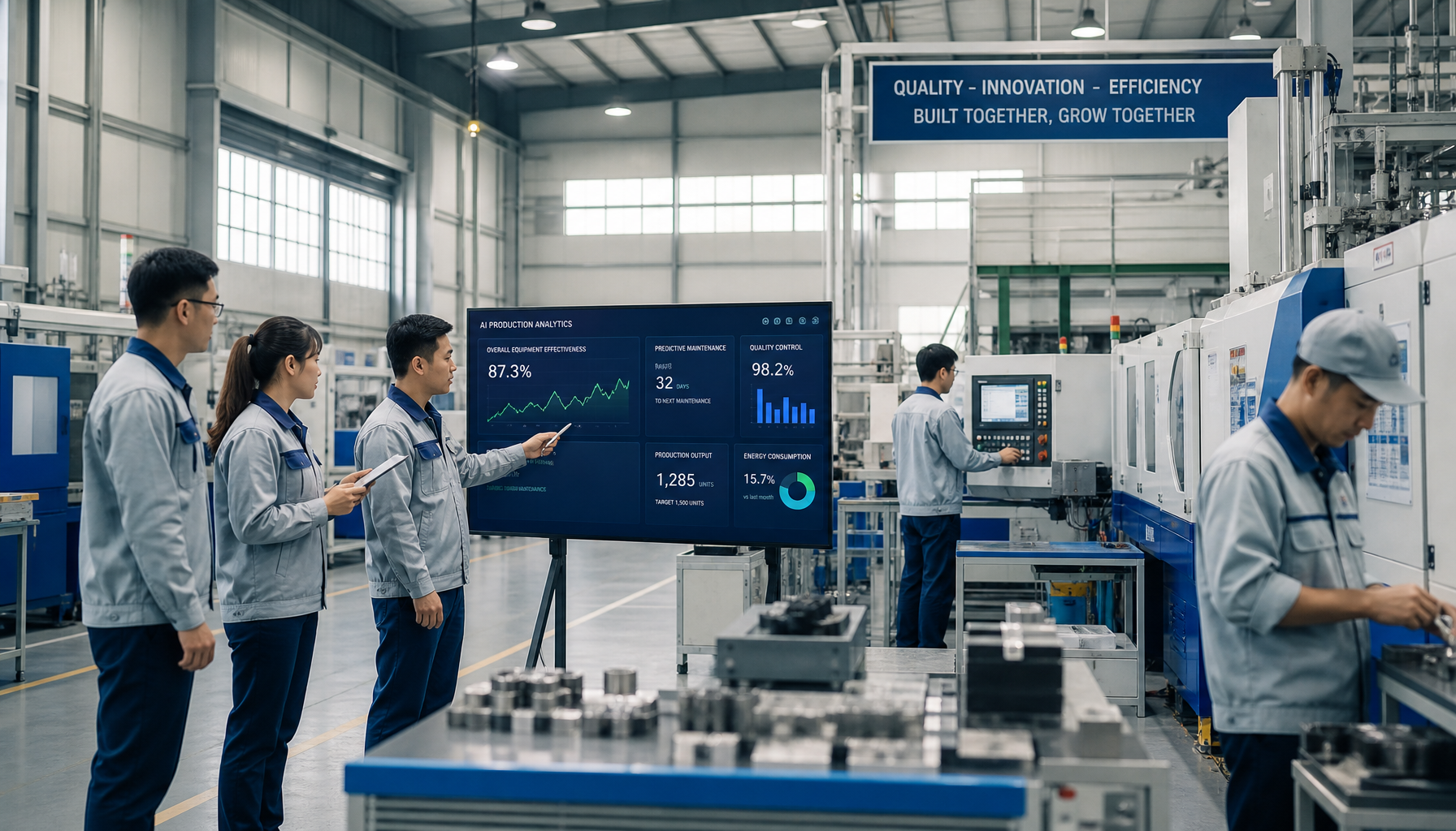 Nhà máy sản xuất nhỏ hiện đại với công nhân làm việc cùng màn hình phân tích AI, môi trường B2B service chuyên nghiệp