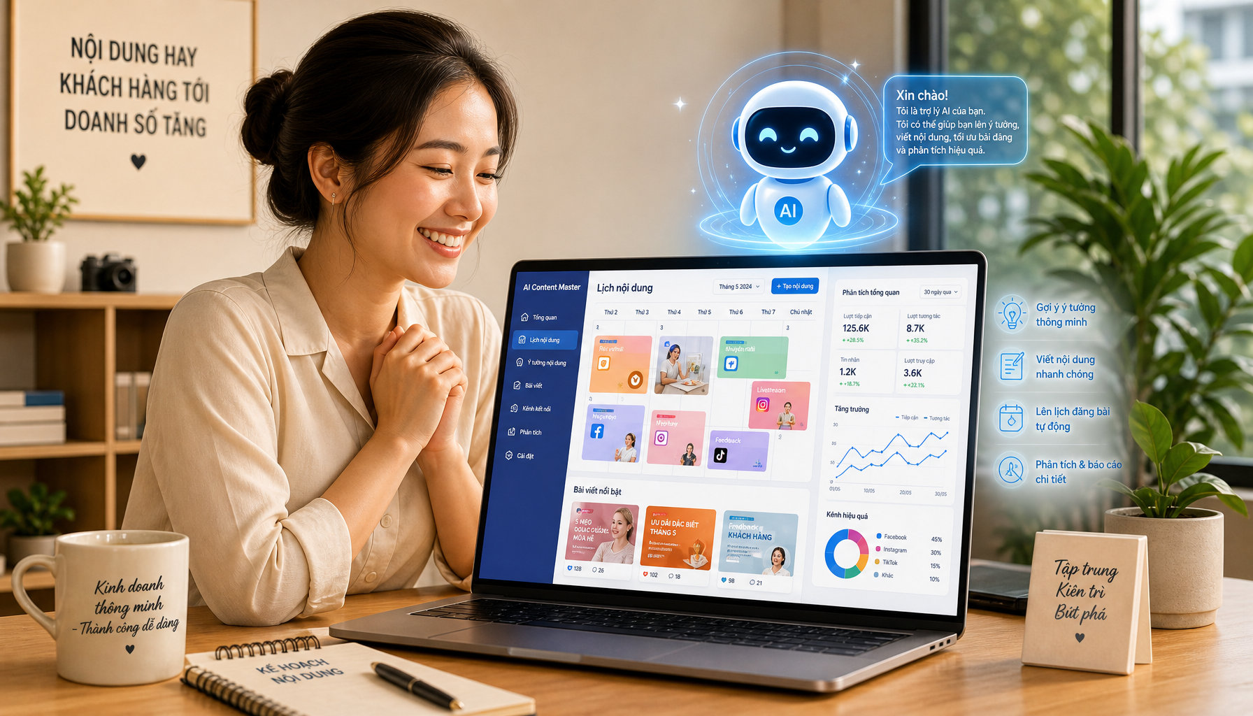 Chủ shop làm việc với nhân viên AI - dashboard hiển thị kế hoạch content và báo cáo